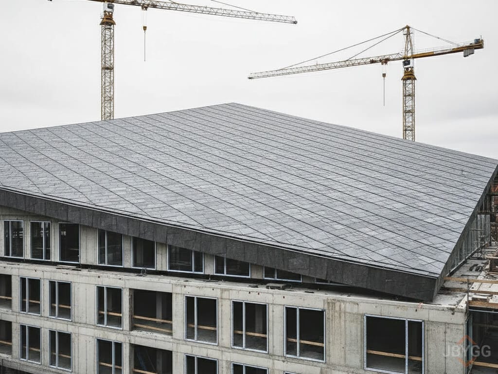 Et stort, nytt skifertak blir installert på et moderne næringsbygg i Oslo, et eksempel på JBYGGs ekspertise på komplekse prosjekter for entreprenører