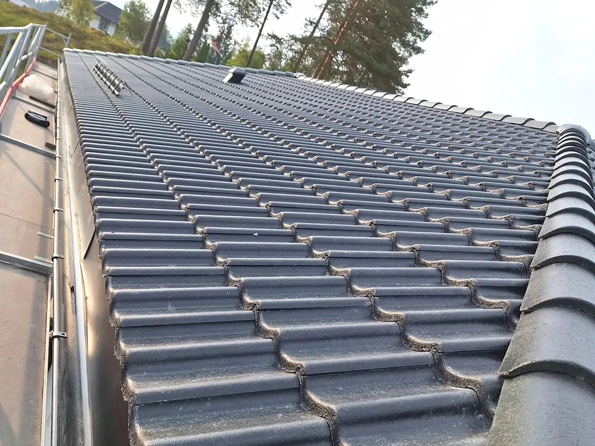Moderne tak med dobbelkrum betongtakstein og nye, presise takrenner